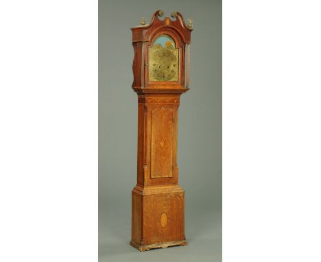 A George III oak and mahogany cased grandfather clock, with brass dial and eight day striking movement by Malkin Kirkby, with