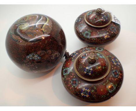 Pair of Cloisonne Oriental bulbous ginger jars and a hanging Cloisonne Oriental hanging oil lamp ( lacking burner ) CONDITION