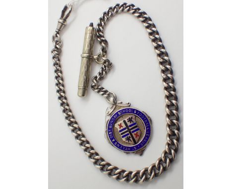 Hallmarked silver watch chain with enamel fob crocodile and birch key