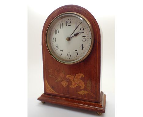 Edwardian mahogany and floral inlaid domed mantel clock with brass ball feet c1900 white enamel face with Arabic numerals and