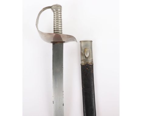 1845 Pattern Boarding Cutlass, flat slightly curved single edge blade 27”, plated regulation brass hilt, in its leather scabb