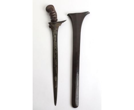 Fine Large Bali Kris, 19th&nbsp;Century, carved wooden hilt and scabbard, earlier broad straight double edge flat blade with 