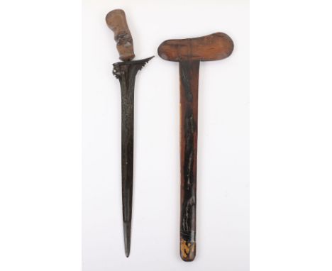 Fine Large Bali Kris, 19th&nbsp;Century, carved wooden hilt and scabbard, earlier broad heavy straight double edge blade with