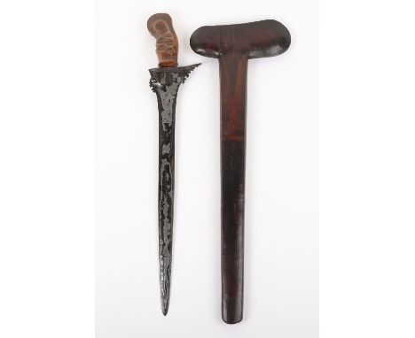 Fine Large Bali Kris, 19th&nbsp;Century, carved wooden hilt and scabbard, earlier broad heavy straight double edge flat blade