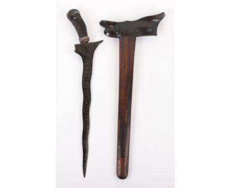 Fine Bali Kris, 19th&nbsp;Century, carved black wooden hilt and scabbard with carved black wooden top, earlier broad wavy dou