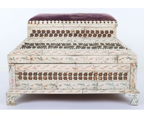 Good Prisoner of War Sewing Box of Casket Form, Early 19th&nbsp;Century, covered with bone plaques engraved with foliage fill