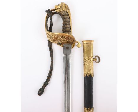 Scarce British Victorian Naval Officer’s Sword of Flag Rank, ‘claymore’ blade 28.5” etched with crowned Royal Arms, fouled an