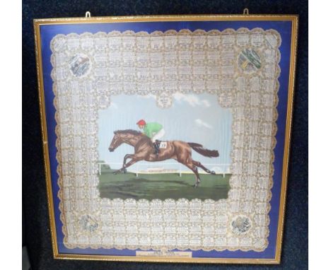 Horse Racing, a framed silk scarf celebrating the 1951 Festival of Britain Derby won by Arctic Prince, image of horse to cent