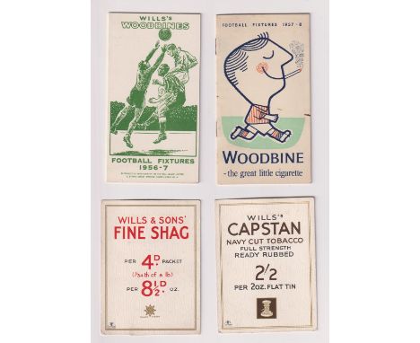 Tobacco issues, Wills, 2 Football Fixture cards 1956/57 for Wolves &amp; WBA &amp; 1957/58 for all London Clubs inc. Arsenal,