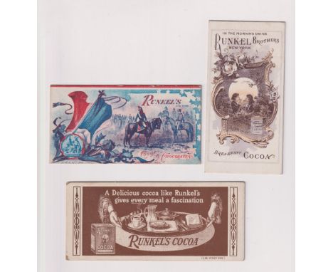 Trade cards, USA, Runkel Brothers, three advertising cards for Breakfast Cocoa, Cocoa &amp; Chocolates &amp; Cocoa, sold with