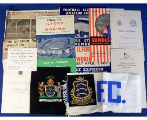 Football, Ilford v Woking, FA Amateur Cup Final 1958 played at Wembley, Ilford VIP selection including programme, songsheet, 