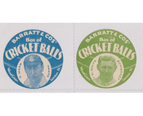 Trade cards, Barratt's, Cricketers (Cricket Balls), circular, two cards, R, Mead Hants (blue) &amp; J.C. White Somerset (gree