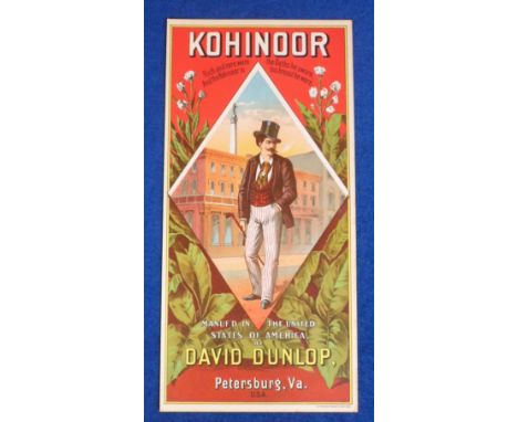 Tobacco advertising, USA, David Dunlop, Petersburg, Va., tobacco box label for Kohinoor tobacco illustrated with smoking gent