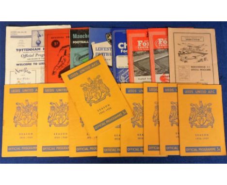 Football programmes, Leeds Utd, 17 home &amp; away programmes, mostly 1950's, homes inc. v Leicester 55/56, Everton 56/57, Ca