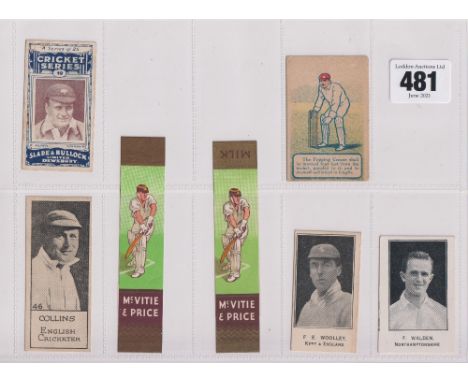 Trade cards, Cricket, 7 scarce type cards, Barratt's, Cricketers, Footballers &amp; Football Teams, two cards, F.E. Woolley, 