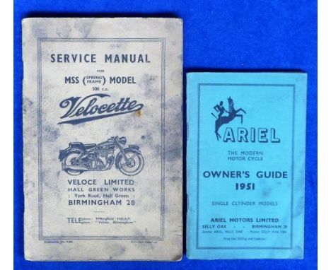 Motorcycle Manuals, Ariel Owner's Guide 1951 and Velocette Service Manual for MSS (Spring Frame) Model 1954, covers in worksh