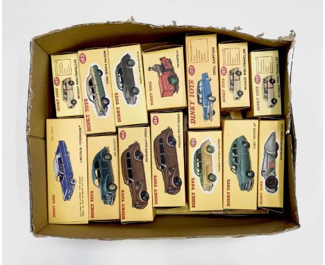 Atlas Edition Dinky Toys - A box containing 14 mint boxed die cast model cars etc together with the 14 supporting 'Classic Di