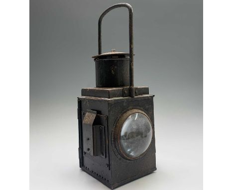 Railwayana - A black painted BR train two aspect lamp with Vaporite burner and two sound bulls eye lenses. Height 20". In unr