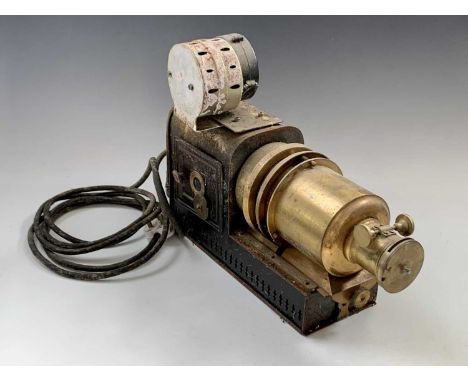 Magic Lantern Slide Projector - A brass and tinplate magic lantern slide projector converted to electricity for ease of use b