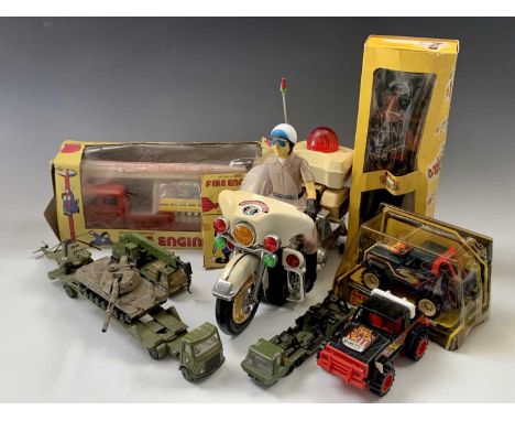 Diecast &amp; Other Toys - A box containing: Pelham Puppet Pirate (boxed), plastic powered toys including Highway Patrol Poli