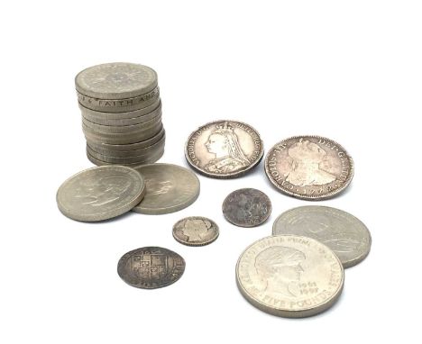 Foreign &amp; G.B. Coins. Lot includes Spain 8 Reales 1772, GB Crown 1889, James I 1604 1/- (worn), 2 x £5 coins (1997, 1998)