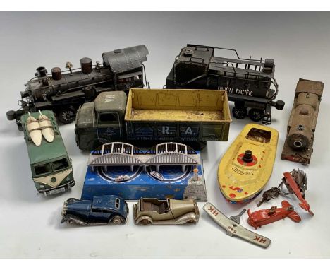 Tin Plate Toys - Box containing 2 early Triang-Minic saloon cars (a.f.) plus LNER tank engine body, modern VW camper van &amp