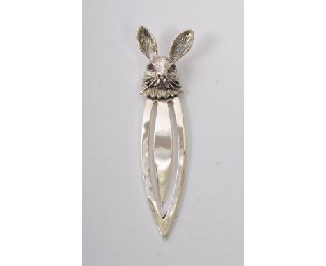 A 20th Century vintage sterling silver bookmark having head of hare finial top with red stone eyes. Measuring approximately 6