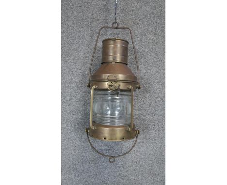 A vintage Anchor copper ships lamp with glass shade. Embossed makers label. H.60 D.22cm 