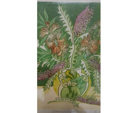 Rosalind Forster- A framed and glazed signed botanical linocut print titled 'Bottlebrush and Gardellias', signed by artist, 2