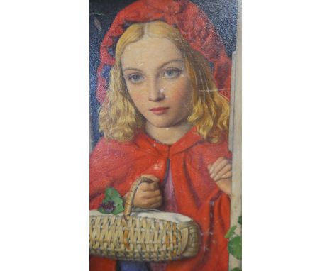 An oil on panel of little red riding hood with a woven straw basket. Unsigned. H.36 W.25cm 