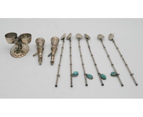 A set of six white metal (tests silver) Egyptian ice tea spoons with turquoise ceramic scarabs (2 missing), two miniature hoo