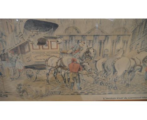A French oak framed and glazed colour print of L'arrivee cour du carrousel, signed in plate. H.55 W.97cm 