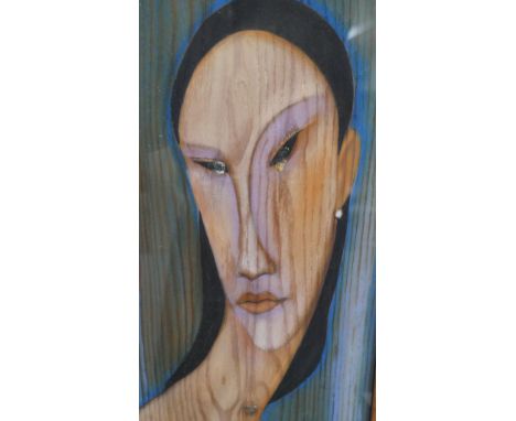 After Amedeo Modigliani- A framed and glazed pastel on board, female portrait. Signed. H.74 W.30cm 