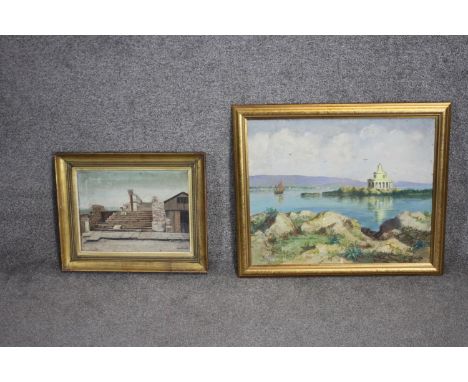 Two framed oils on canvas. One of a Greek seascape, indistinctly signed. The other of an architectural ruin, indistinctly sig