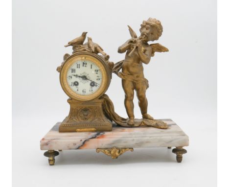 'Enfant Flutiste', a French gilt spelter and marble mantle clock by L&amp;F Moreau. Brass makers plaque on base of clock, mou