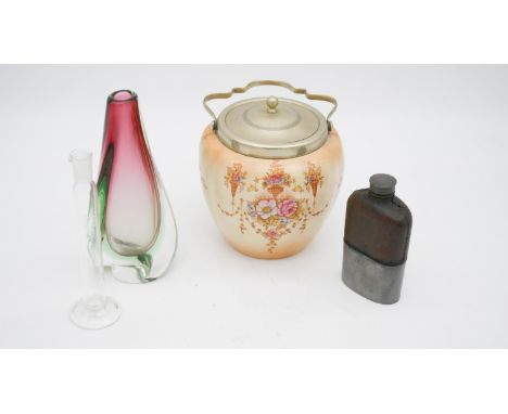 A leather and pewter hip flask with cup, makers stamp to the base along with a Murano style glass vase and a ceramic and silv