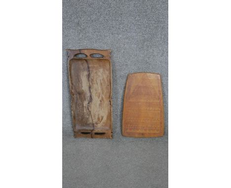 A large African hardwood twin handled tray along with an Aboriginal painted wooden panel with geometric design. H.62 W.28CM 