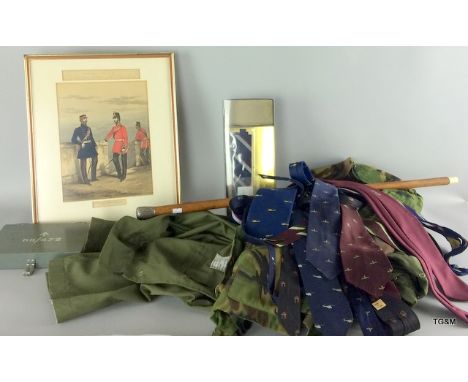 A collection of military uniforms, ties, artifacts and a silver topped walking stick