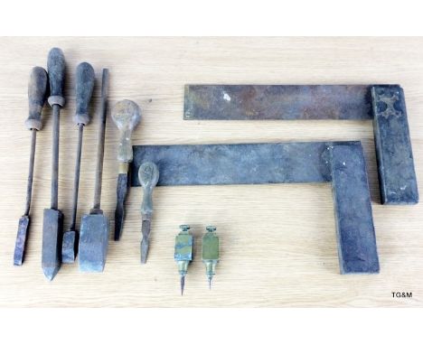 Vintgae brass scribes for etching circles, soldering irons set squares etc