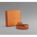 Hermès: Gürtel, Tangerine, emaillierte Palladium H-Schnalle.