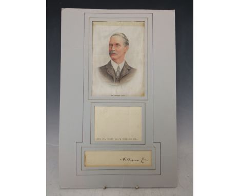 ANDREW BONAR LAW (PRIME MINISTER), signed letter clipping, mounted with a silk portrait and 10 Downing Street letter head