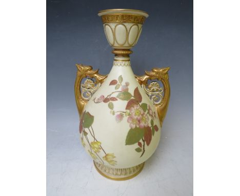 A LARGE ROYAL WORCESTER BLUSH IVORY TWIN HANDLED VASE, decorated with flowers, H 29.5 cm