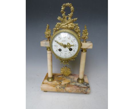 A 19TH CENTURY FRENCH GILT MANTEL CLOCK, the enamel dial marked 'Comptoir General Schnere', H 37 cm, key &amp; pendulum
