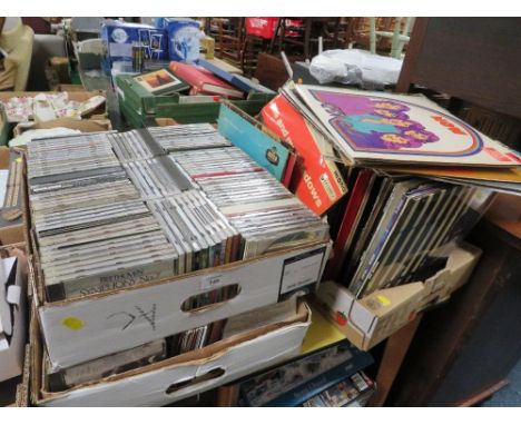 A TRAY OF LP RECORDS TO INCLUDE  DAVID BOWIE, BOB DYLAN, ABBA  TOGETHER WITH TWO TRAYS OF CD'S 
