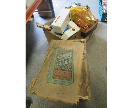 A VINTAGE WILLS WOODBINE CIGARETTES CARDBOARD CARTON A/F TOGETHER WITH TWO BOXES OF EMPTY TOY CAR  BOXES ETC 