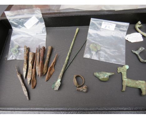 A CASE OF ROMAN, MEDIEVAL AND OTHER ANTIQUITIES, to include brooches, rings, rings, arrow heads etc