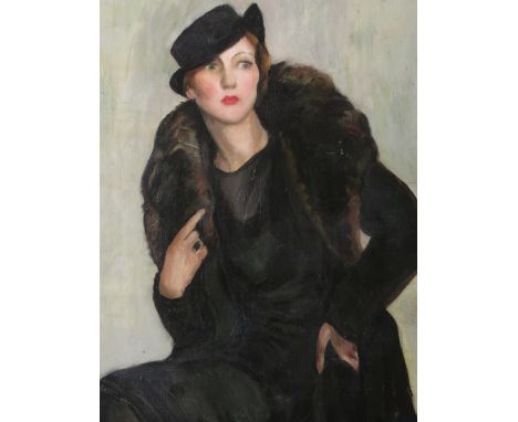 ART DECO SCHOOL PORTRAIT STUDY OF AN ELEGANT SEATED LADY WEARING A HAT, signed lower right, oil on canvas, framed, 60 x 50 cm