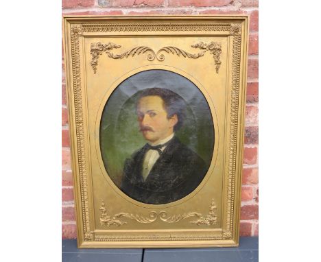 OLIV' FREY (XIX). Portrait of a man in a black jacket, signed lower left and dated 1873, oil on oval canvas, gilt framed, 51 
