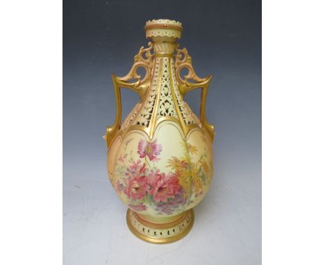 A LARGE ROYAL WORCESTER BLUSH IVORY TWIN HANDLED RETICULATED VASE, decorated with flowers, H 37 cm