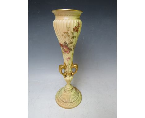 A ROYAL WORCESTER BLUSH IVORY SLENDER VASE, decorated with flowers, H 31 cm